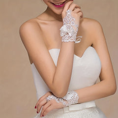 Bow Decor Embroidery Lace Short Gloves Wedding Bridal Fingerless Gloves