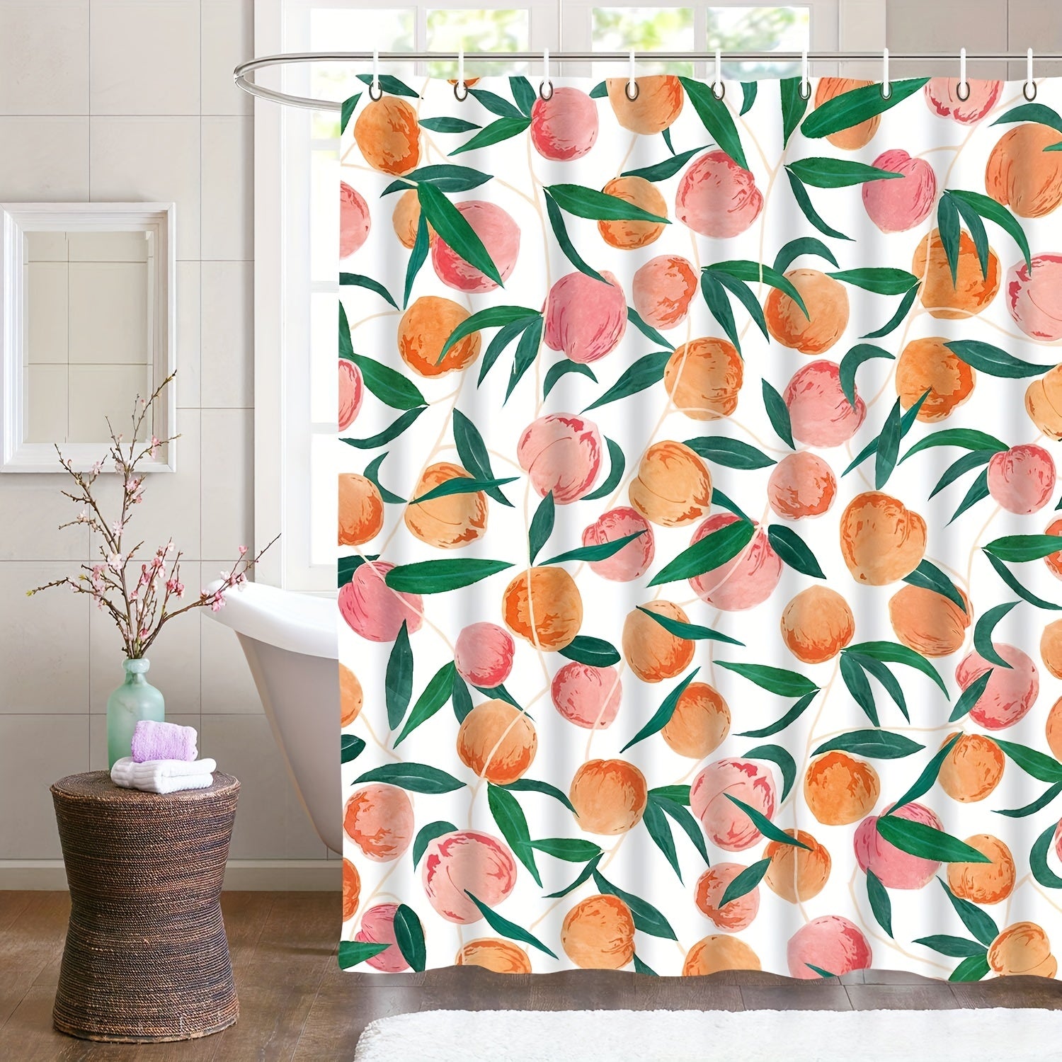 Red Peach Pattern Shower Curtain with Hooks