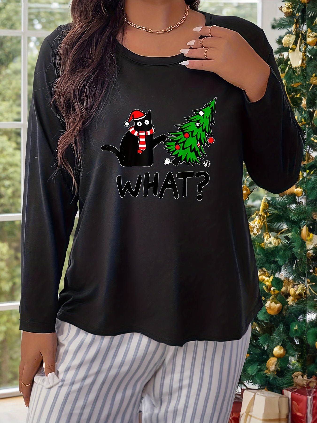 Cat & Christmas Tree Print Long Sleeve Lounge Top