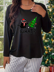 Cat & Christmas Tree Print Long Sleeve Lounge Top