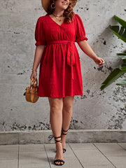 Plus Size Solid Ruffle Trim Puff Sleeve Dress With Belt