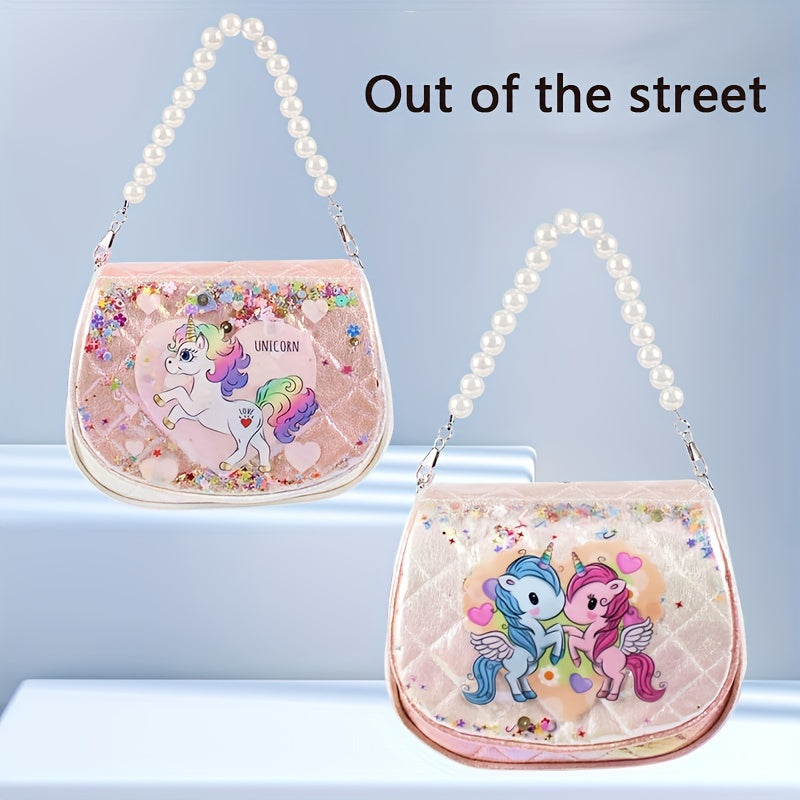 Cartoon Unicorn Handbag With Faux Pearl Handle For Girls