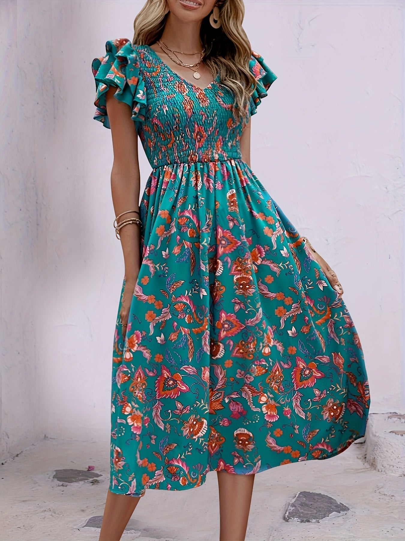 Floral Print Ruffle Dress V Neck Short Sleeve Shirred Dress
