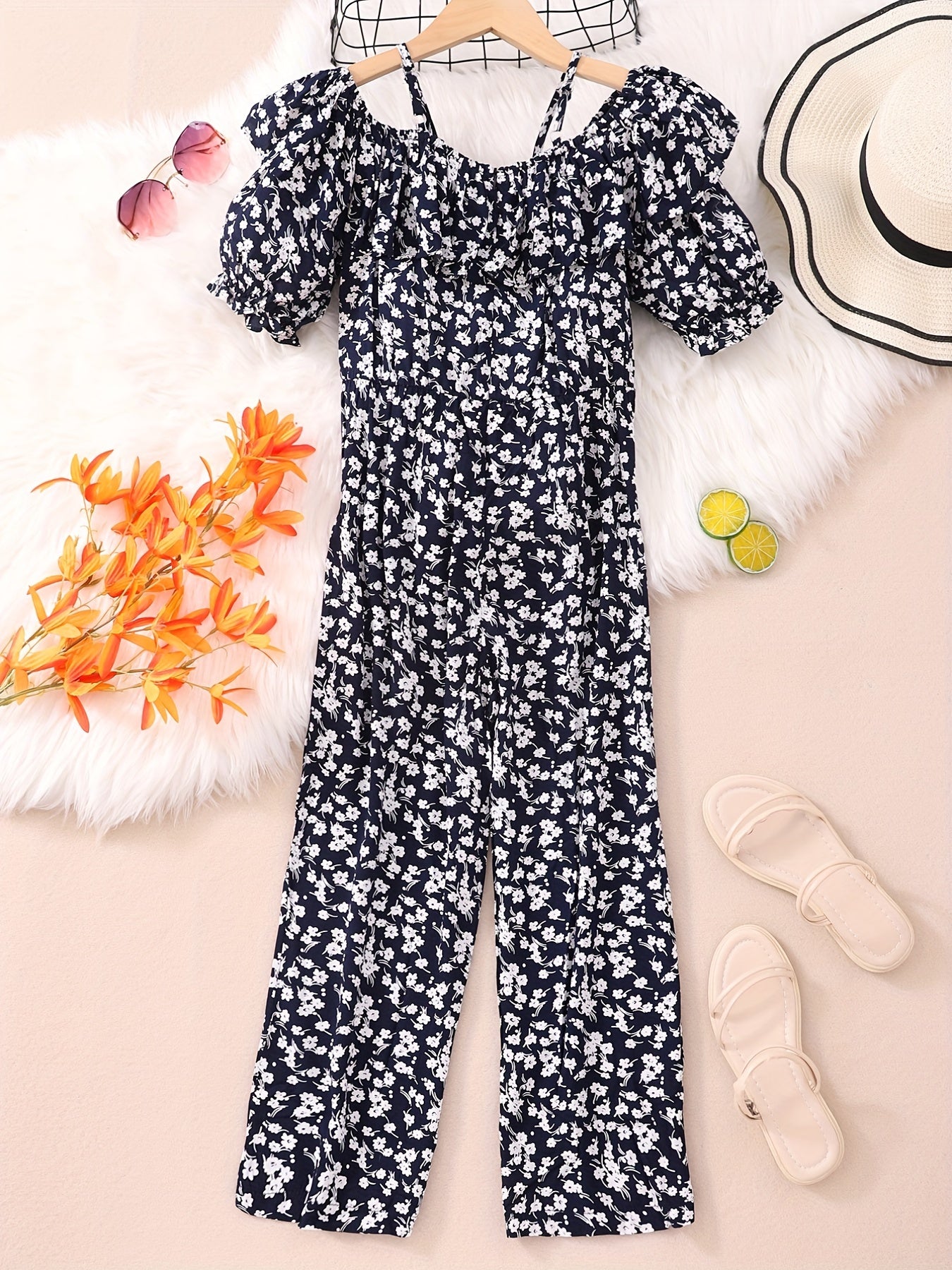 Girls Holiday Style Jumpsuit Ruffles & Flowers Print Short Sleeve Jumpsuits