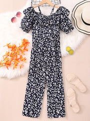 Girls Holiday Style Jumpsuit Ruffles & Flowers Print Short Sleeve Jumpsuits