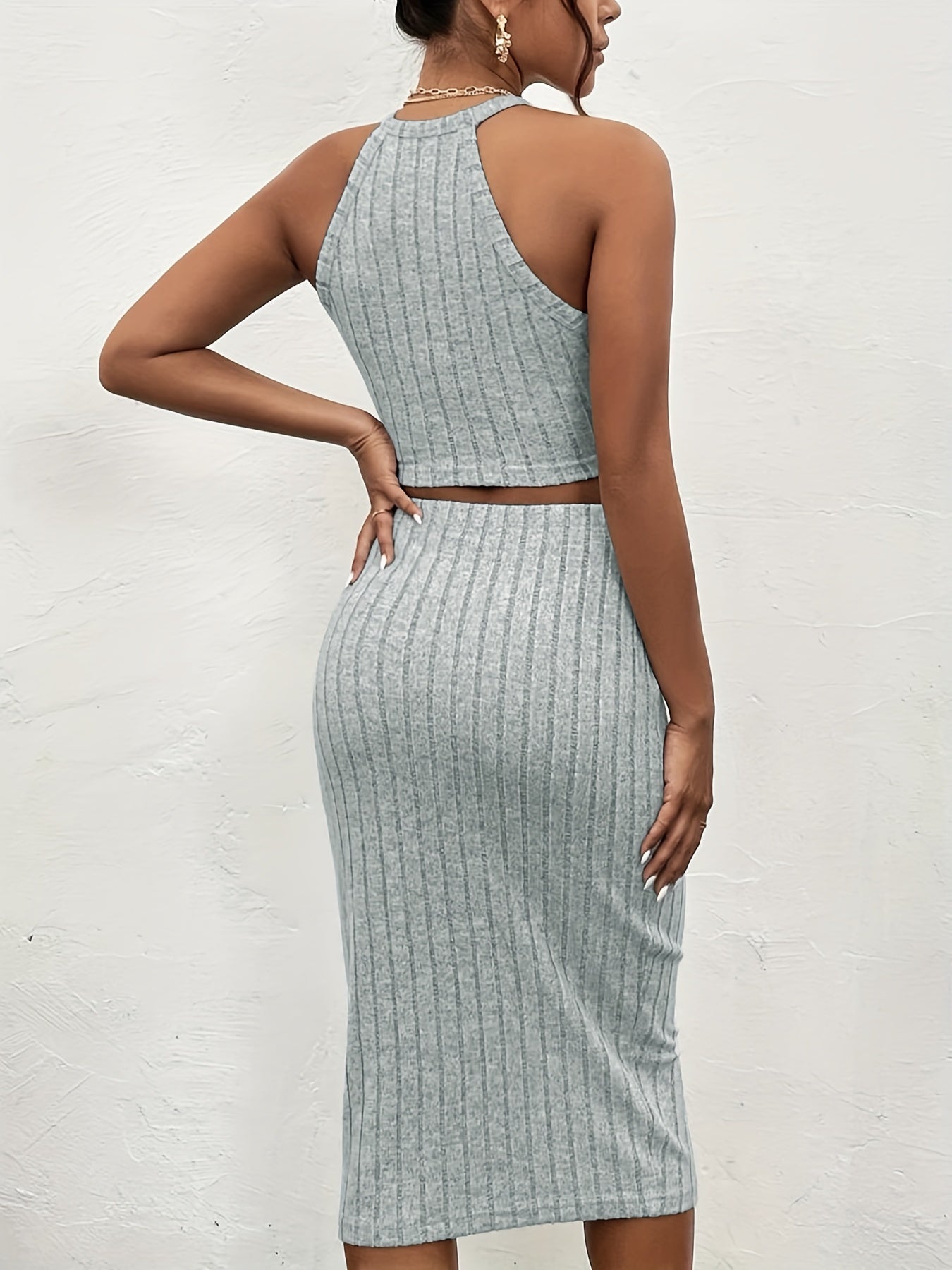 Ribbed Halter Neck Crop Tank Top & Skirt 2 Piece Set