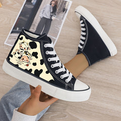 Cow Print Plush Lined Chunky Canvas Sneakers
