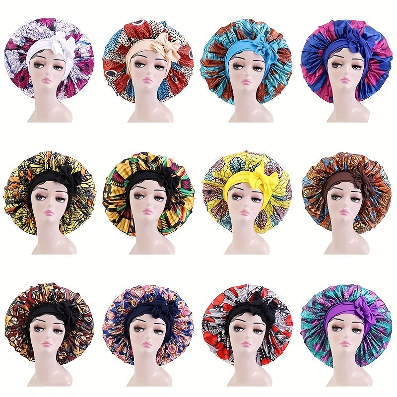 Boho Print Satin Bonnet Large Sleep Cap Bowknot Tied Hair Bonnet
