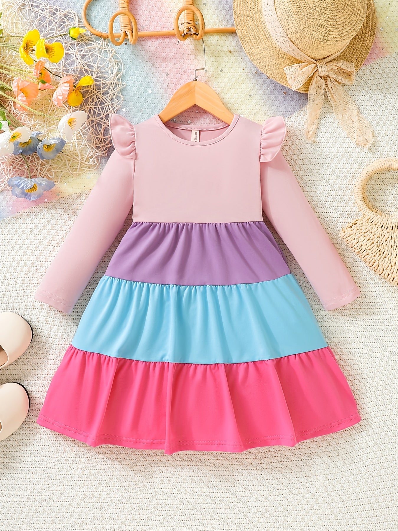 Girls Rainbow Tiered Long Sleeve Casual Swing Dress