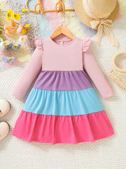 Girls Rainbow Tiered Long Sleeve Casual Swing Dress