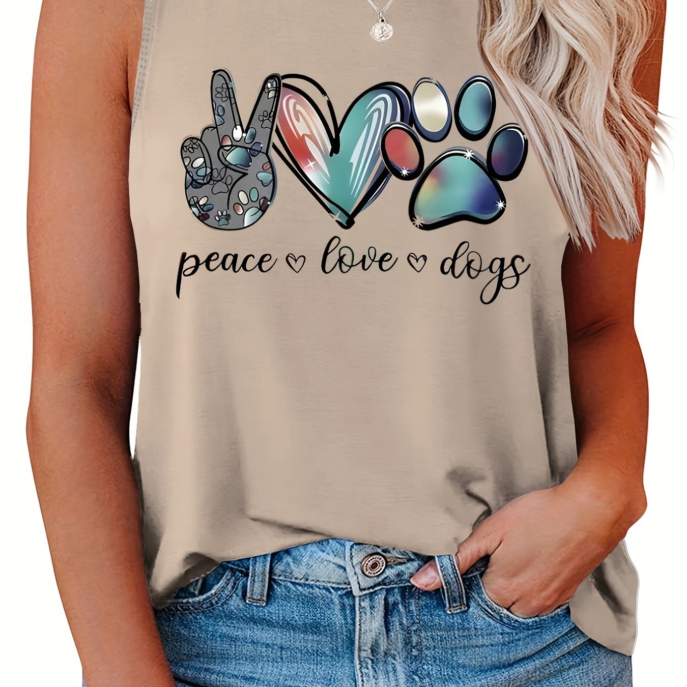 Casual Tank Top Women's Plus Art Letter & Heart Print