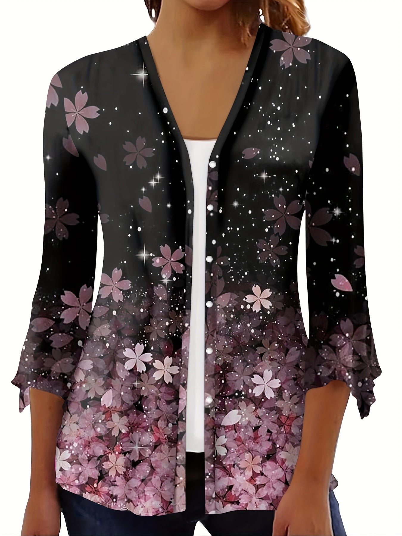 Floral Print Button Front Blouse Three Quarter Sleeve Cardigan