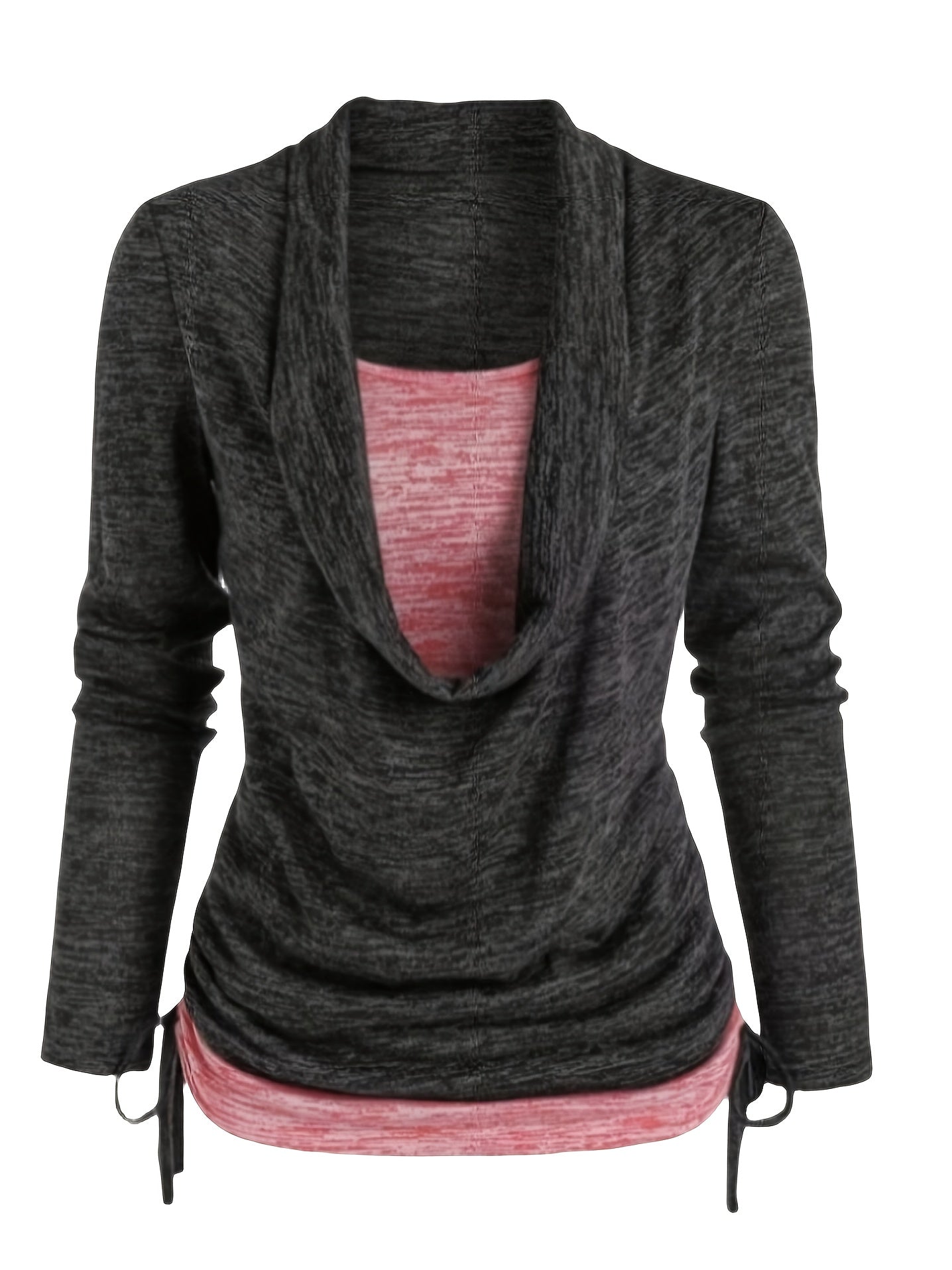 Colorblock Knit Top Cowl Neck Ruched Side 2 in 1 Top