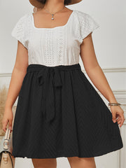 Casual Dress Colorblock Eyelet Embroidery Knot Front Square Neck Dress