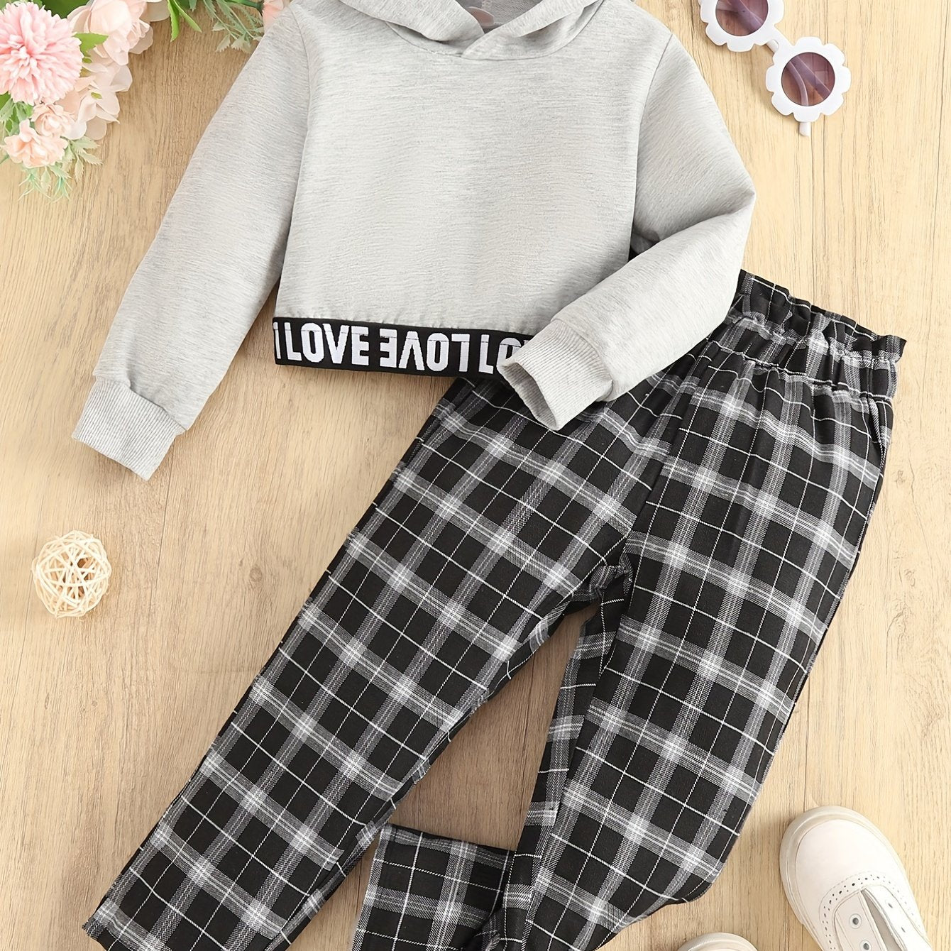 Girl's LOVE Hoodie & Plaid Pants Set for Spring Fall