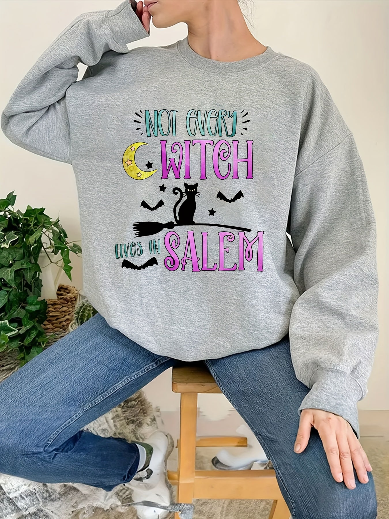 Halloween Witch Print Loose Sweatshirt Casual Long Sleeve Crew Neck