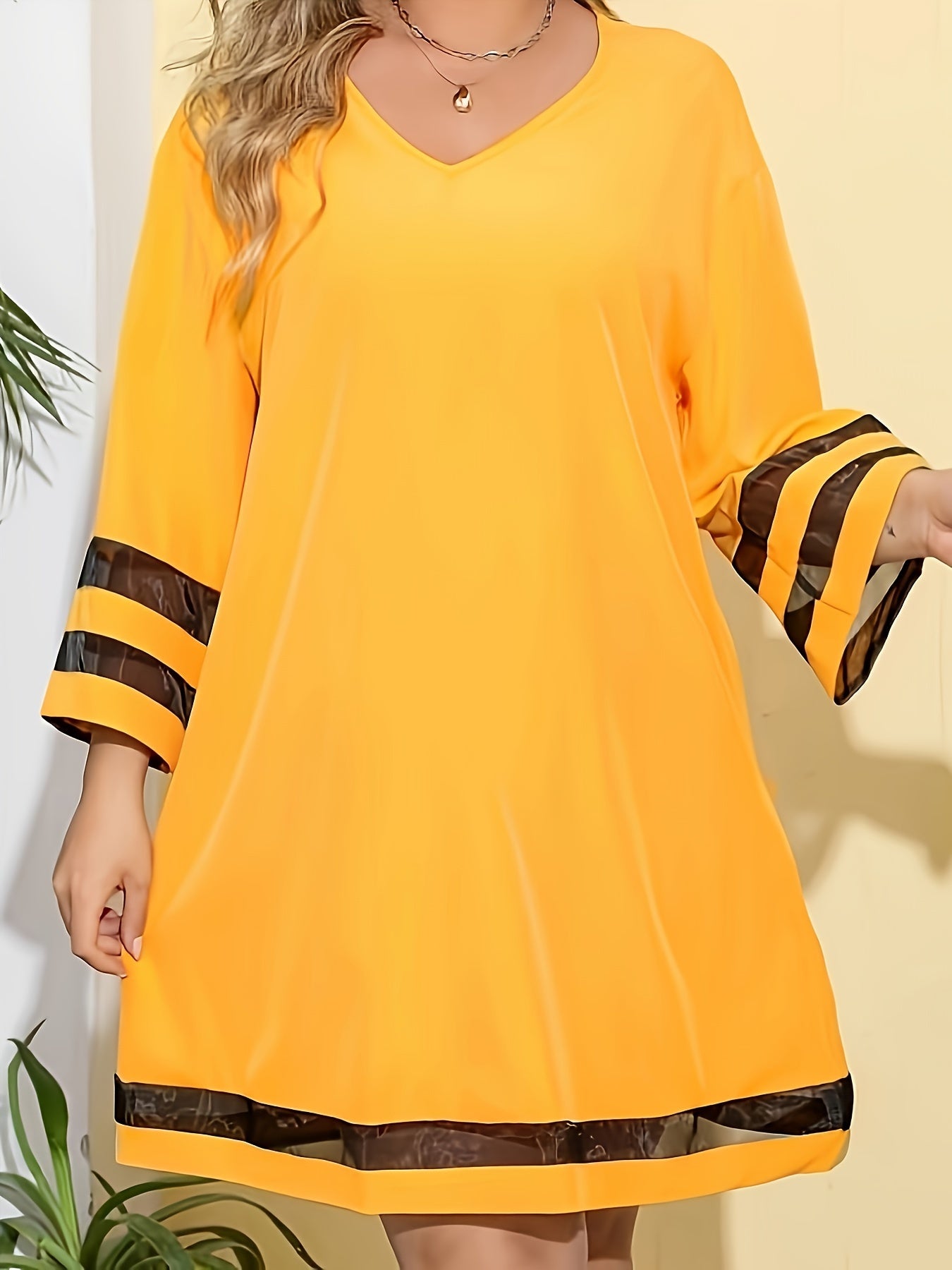 Colorblock Mesh Long Sleeve V Neck Dress
