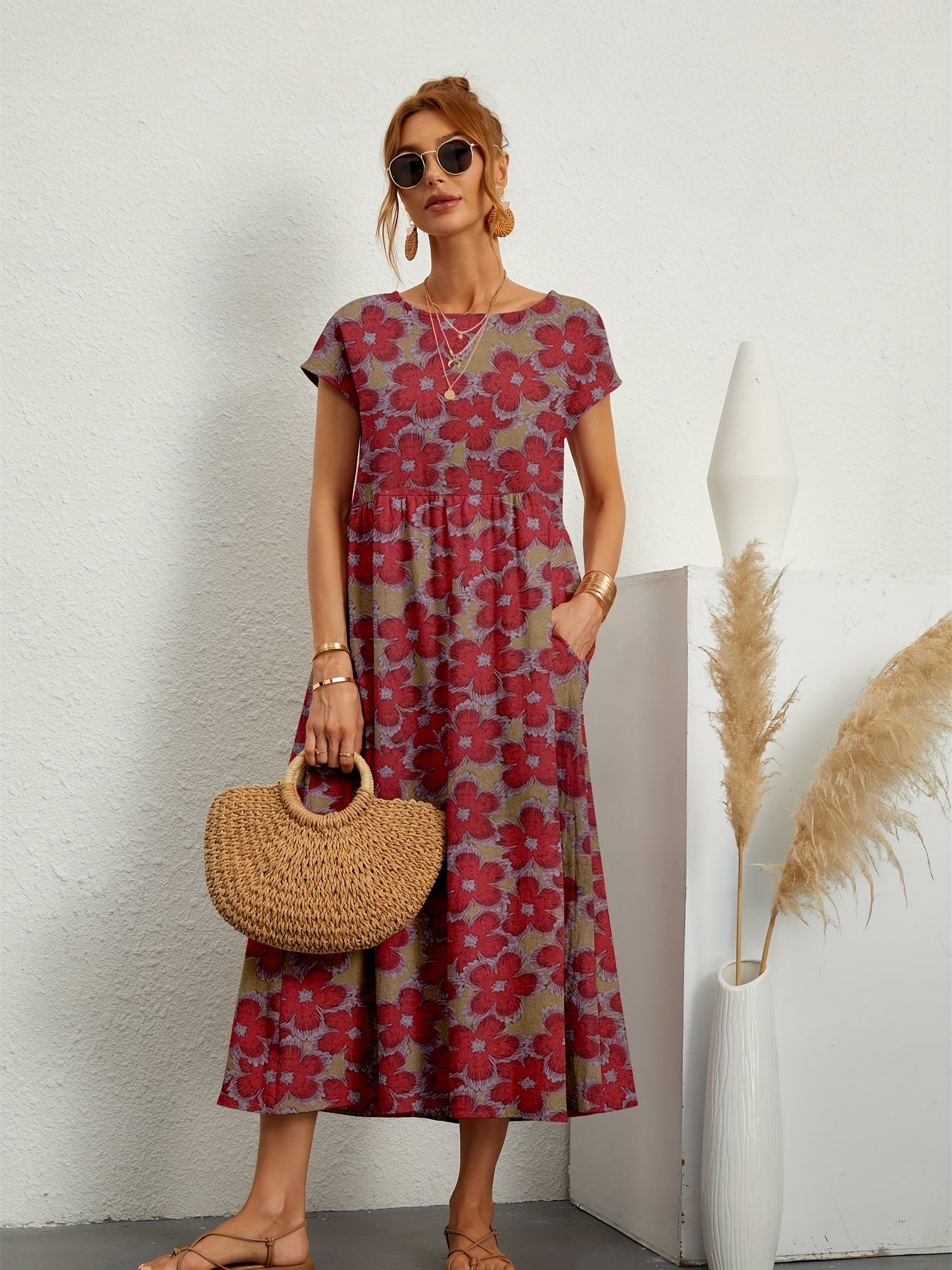 Vintage Floral Print Ruched Dress