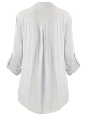 Casual Blouse Women's Contrast Lace Button Up Roll Up Sleeves