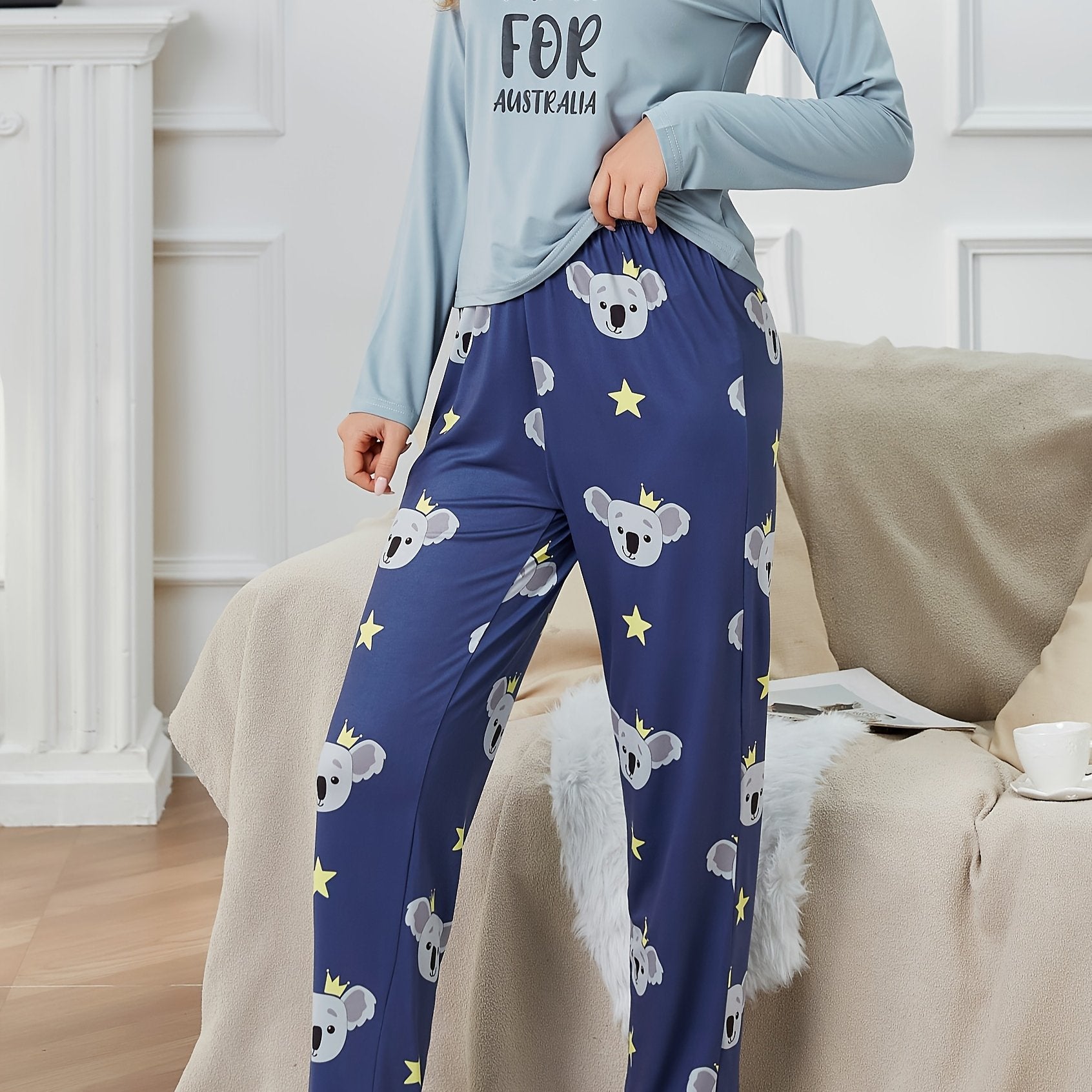 Koala Print Lounge Set Long Sleeve Top & Pants Women's Loungewear