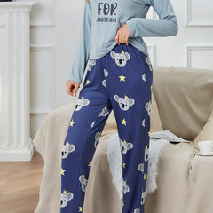 Koala Print Lounge Set Long Sleeve Top & Pants Women's Loungewear