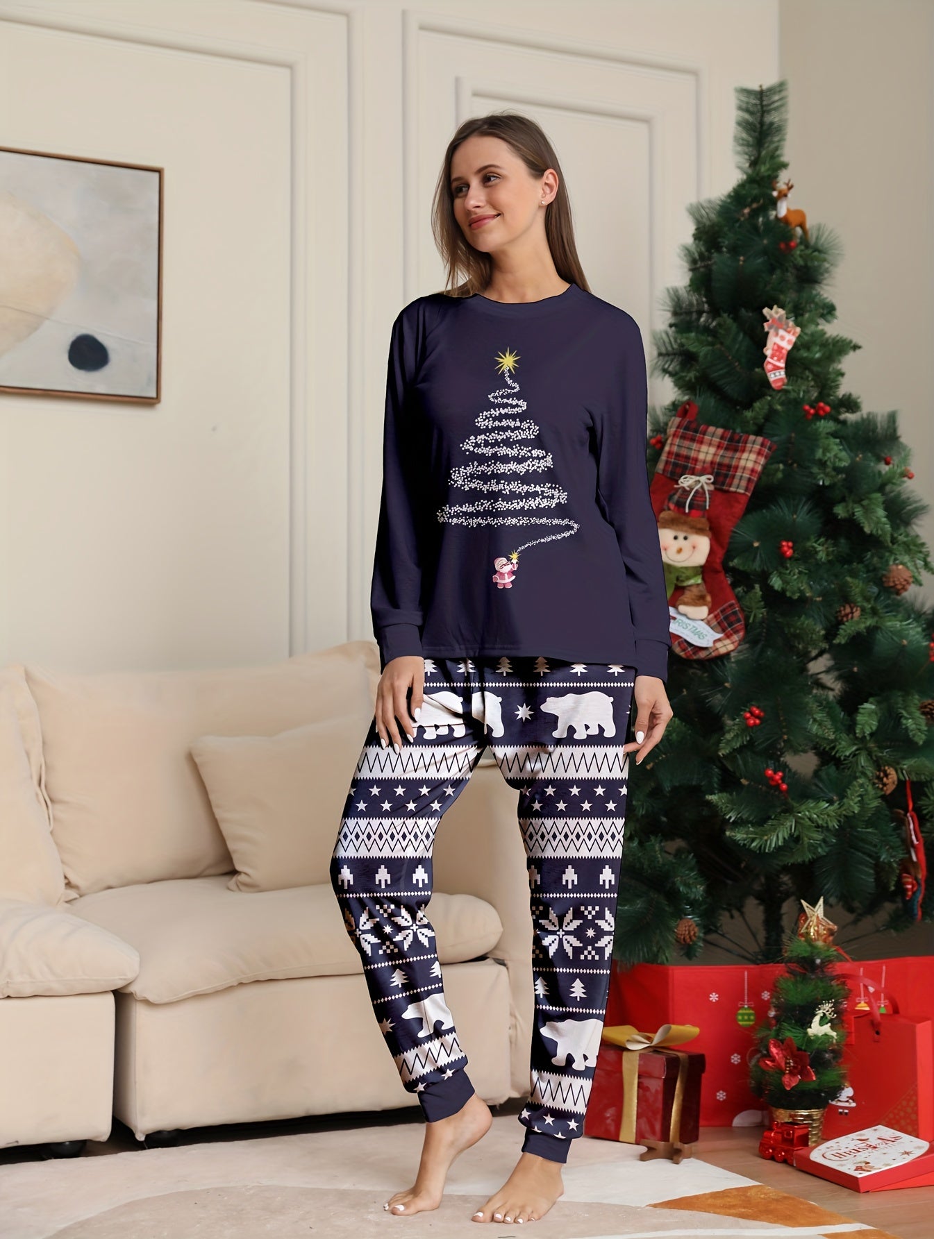 Christmas Tree Pajama Set Long Sleeve Crew Neck Top and Elastic Waistband