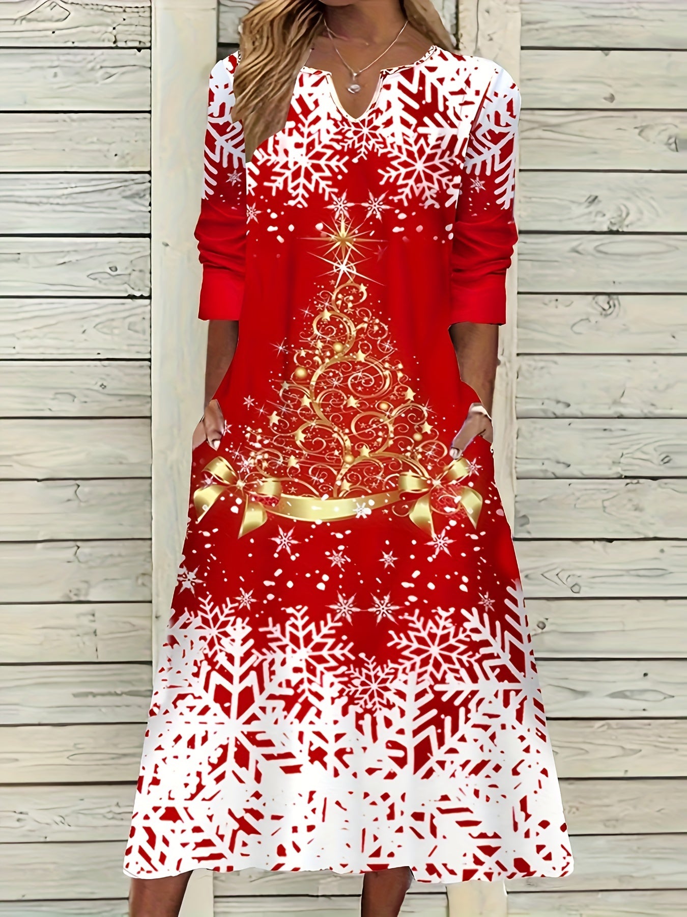 Christmas Tree Print Three Quarter Sleeve Dress