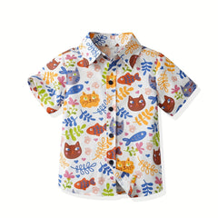 Boys Cartoon Leaf Cat Fish Shirt Kids Summer Clothes
