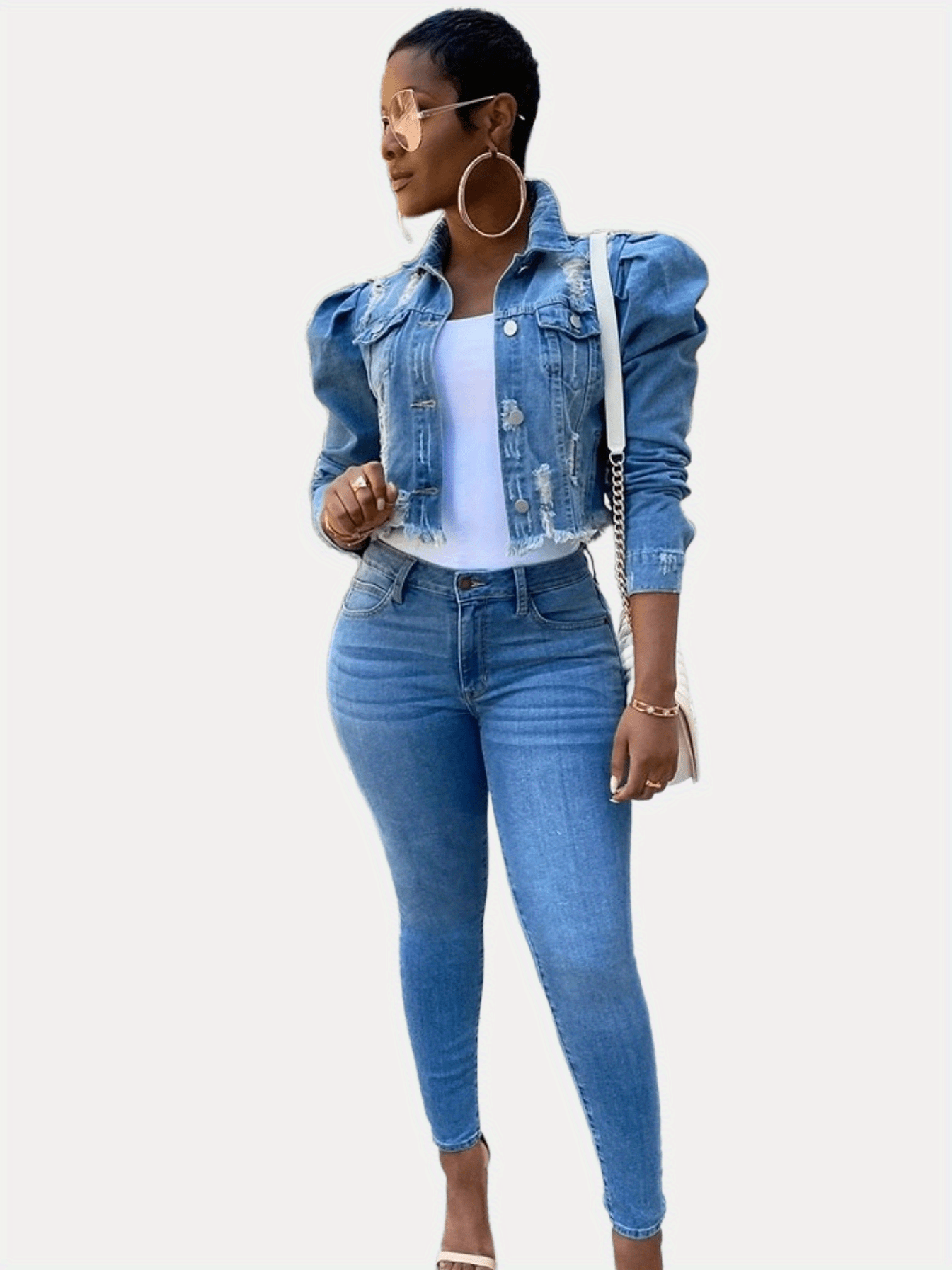Long Puff Sleeve Denim Jacket Cropped Coats