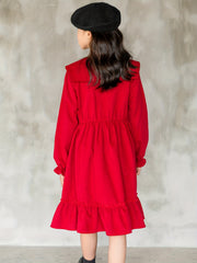Comfy Cotton Button Long Sleeve Collar Dress Girls' Dress For Party Fall Winter