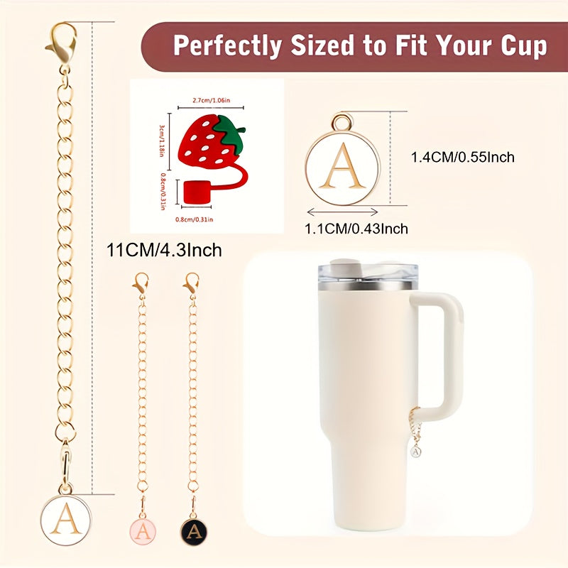 3pcs Initial Letter Chain Charm & 1pc Strawberry Straw Tip Cover for Water Cup