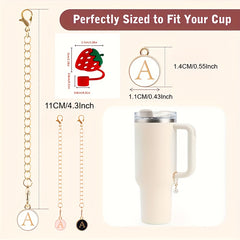 3pcs Initial Letter Chain Charm & 1pc Strawberry Straw Tip Cover for Water Cup