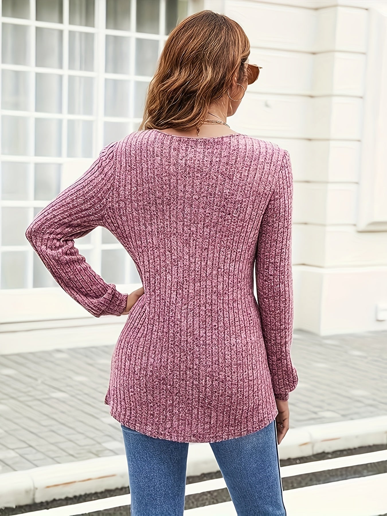 Solid Ribbed Knit Long Sleeve V Neck Top