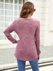 Solid Ribbed Knit Long Sleeve V Neck Top