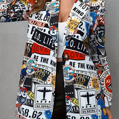 Boho Blazer Women's Plus Pop Art Print Button Up