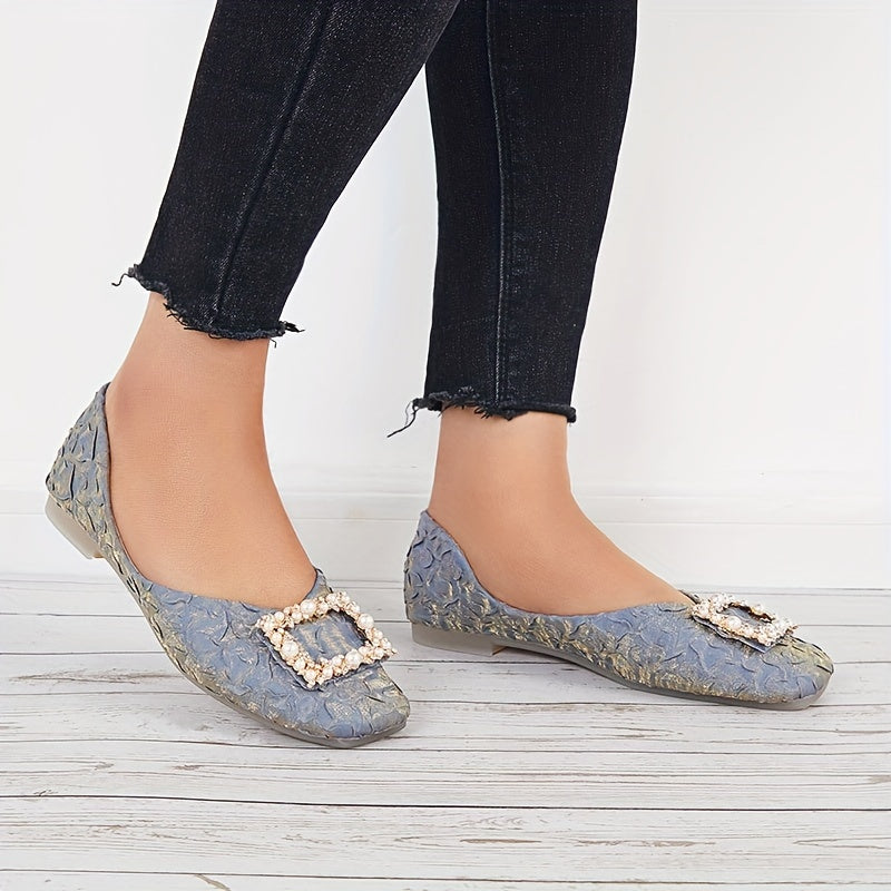 Faux Pearl Ballet Flats Square Toe Slip On Shoes