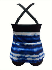 Tie Dye Tankini Set Square Neck Criss Cross Back Top & Shorts