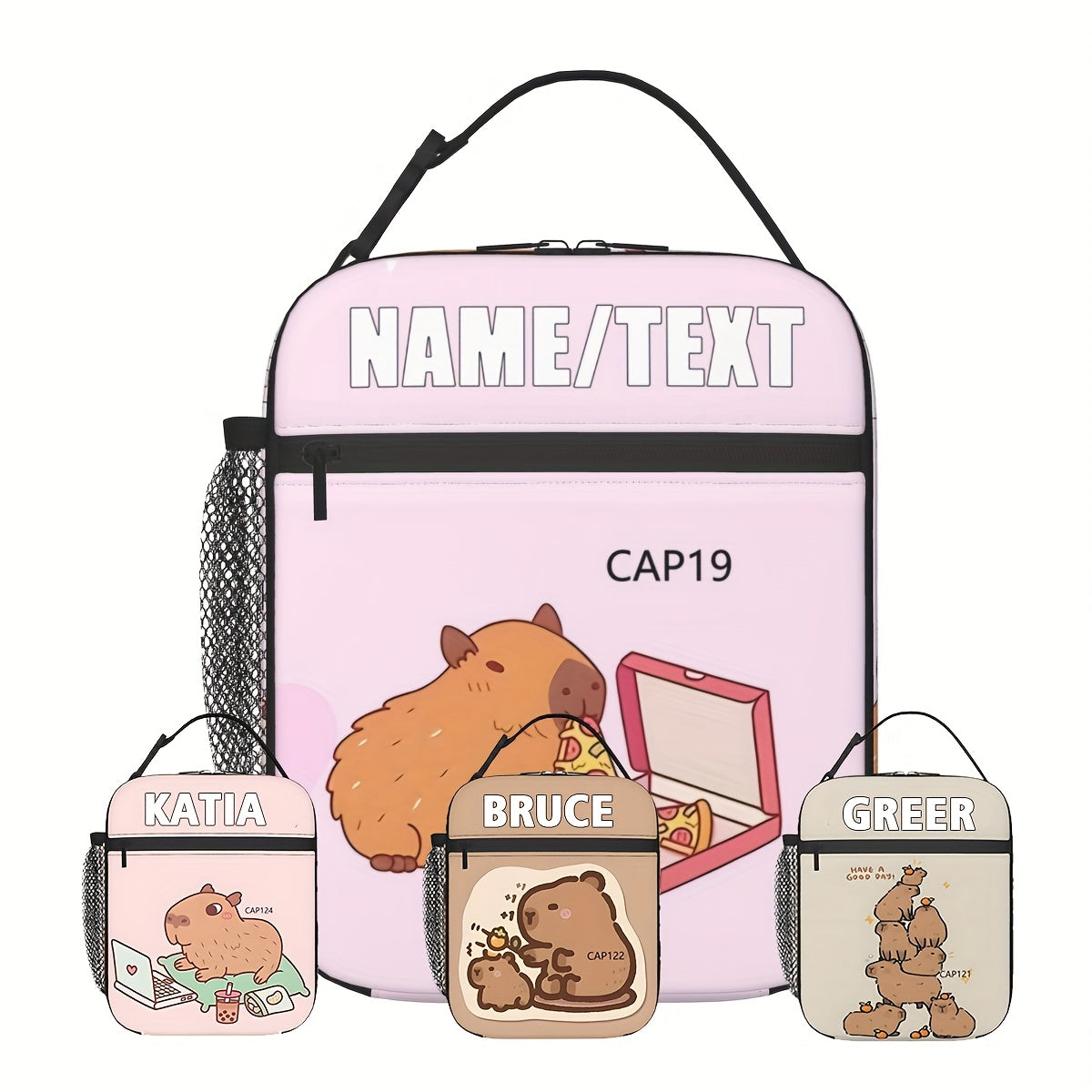 Personalized Capybara & Pizza Lunch Bag with Custom Text