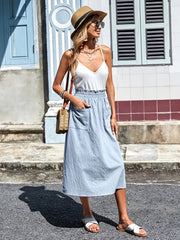 Casual Elastic Waist Midi Skirt with Pockets