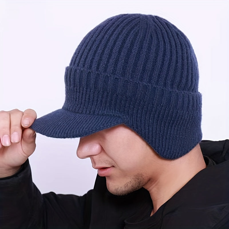 Men's Thick Wool Baseball Cap - Warm Knitted With Brim