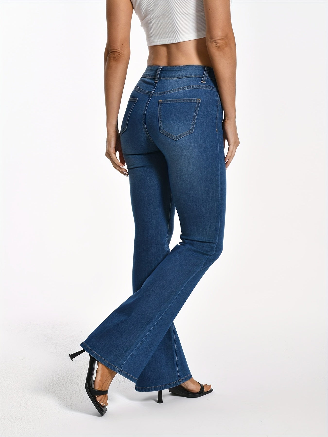Stretch Whiskering Flare Leg Jeans Solid Washed Casual Boot Cut Denim Pants