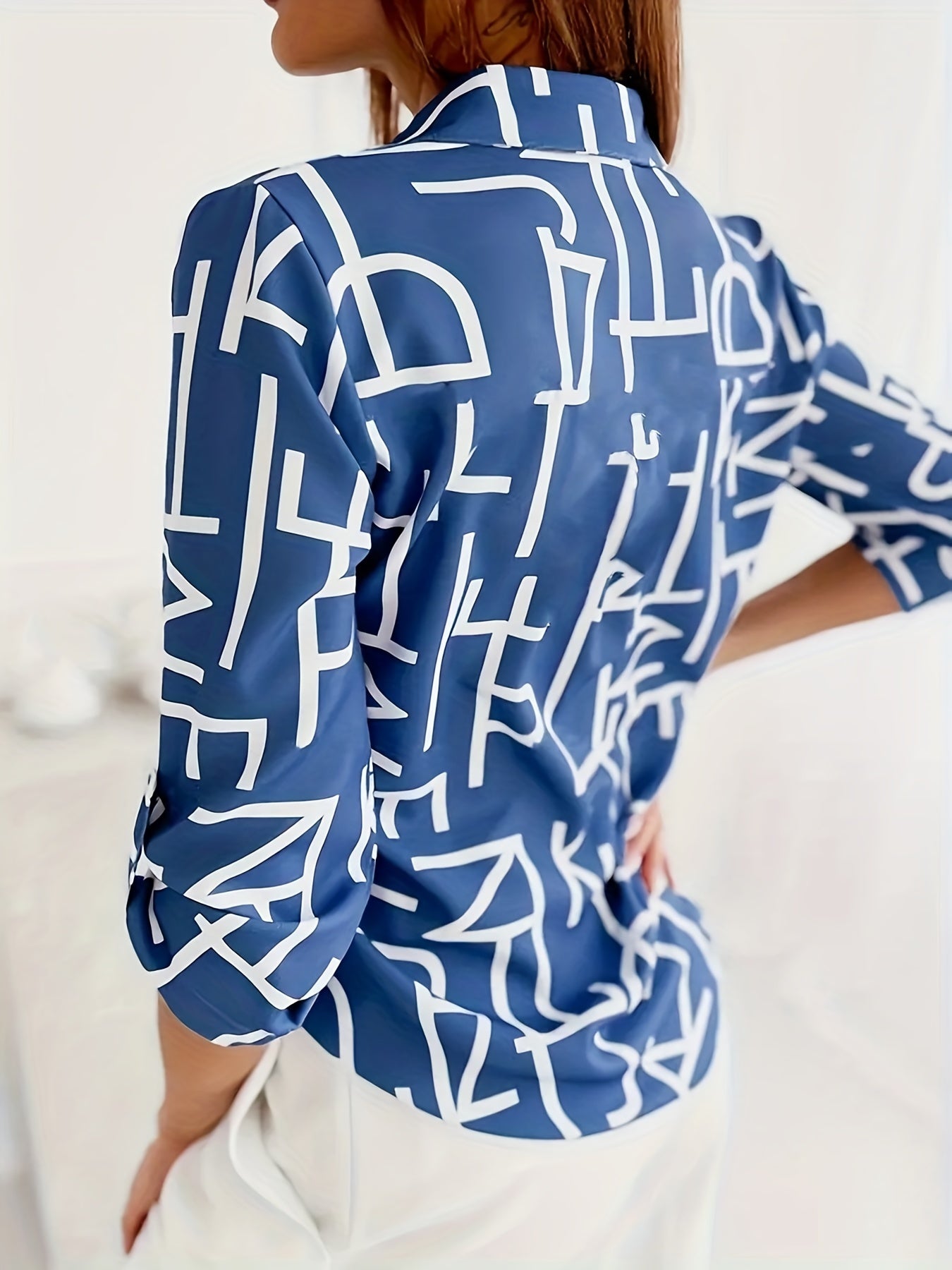 Casual Blouse Women's Plus Print Button Up Roll Up Sleeve Blouse