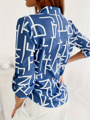Casual Blouse Women's Plus Print Button Up Roll Up Sleeve Blouse
