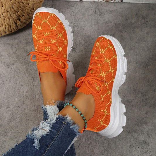 Women's Geometric Pattern Lace Up Sneakers Breathable Knit Chunky Shoes