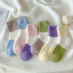 6 Pairs Colorblock Fuzzy Socks - Comfy & Warm Mid Tube Socks
