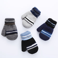 Striped Kids Wool Gloves, Double Layer Mittens