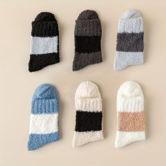 6 Pairs Colorblock Fuzzy Socks - Warm Mid Tube Stockings