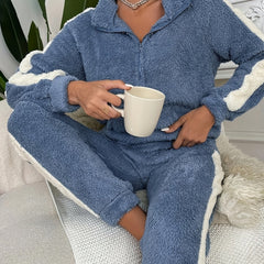 Colorblock Plush Lounge Set Zipper Top & Elastic Pants Women's Loungewear