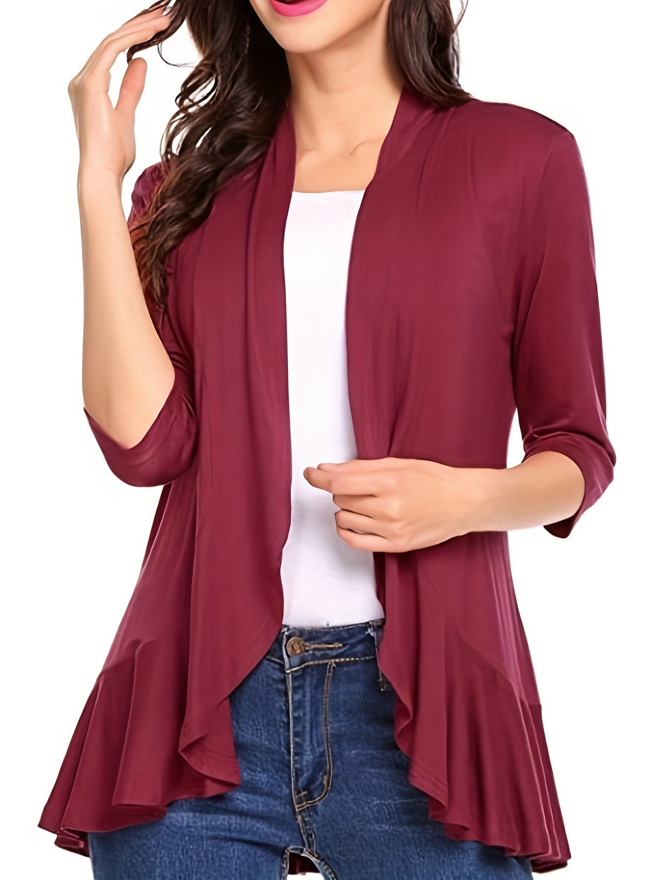 Solid 3/4 Sleeve Open Front Ruffle Trim Cardigan