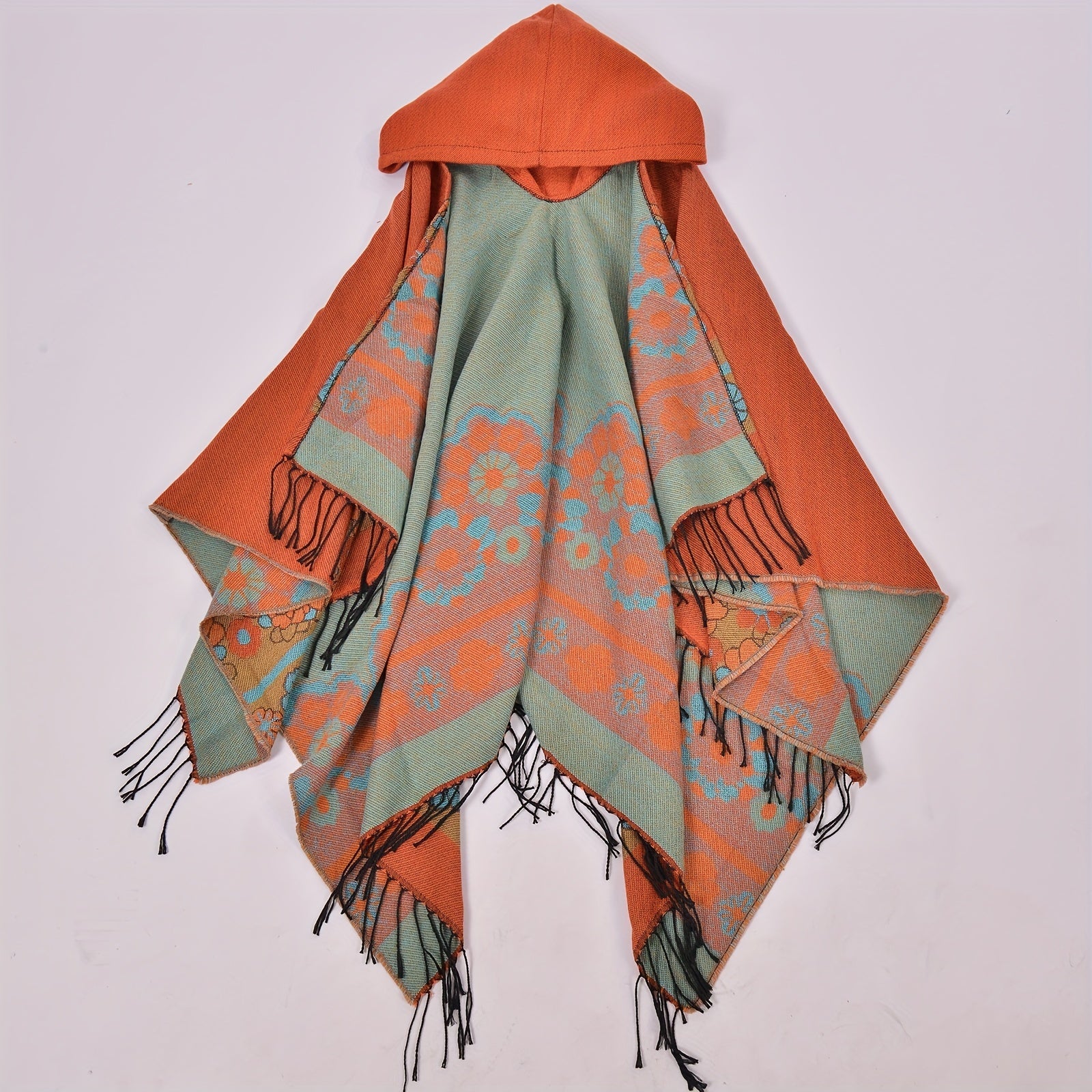 Boho Flower Jacquard Shawl Cashmere Tassel Warm Wrap Vintage Cape